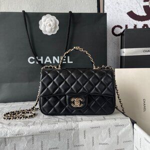 CHANEL Classic Flap CF 23K Gold Buckle Logo Handle Quilted Lambskin Mini Crossbo